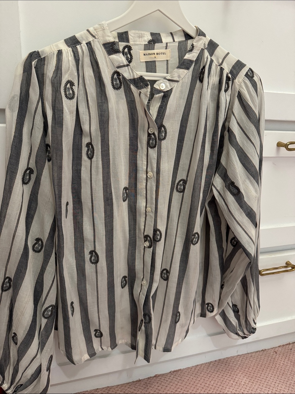 Maison Hotel Black & White Striped Embroidered Button-Down Blouse